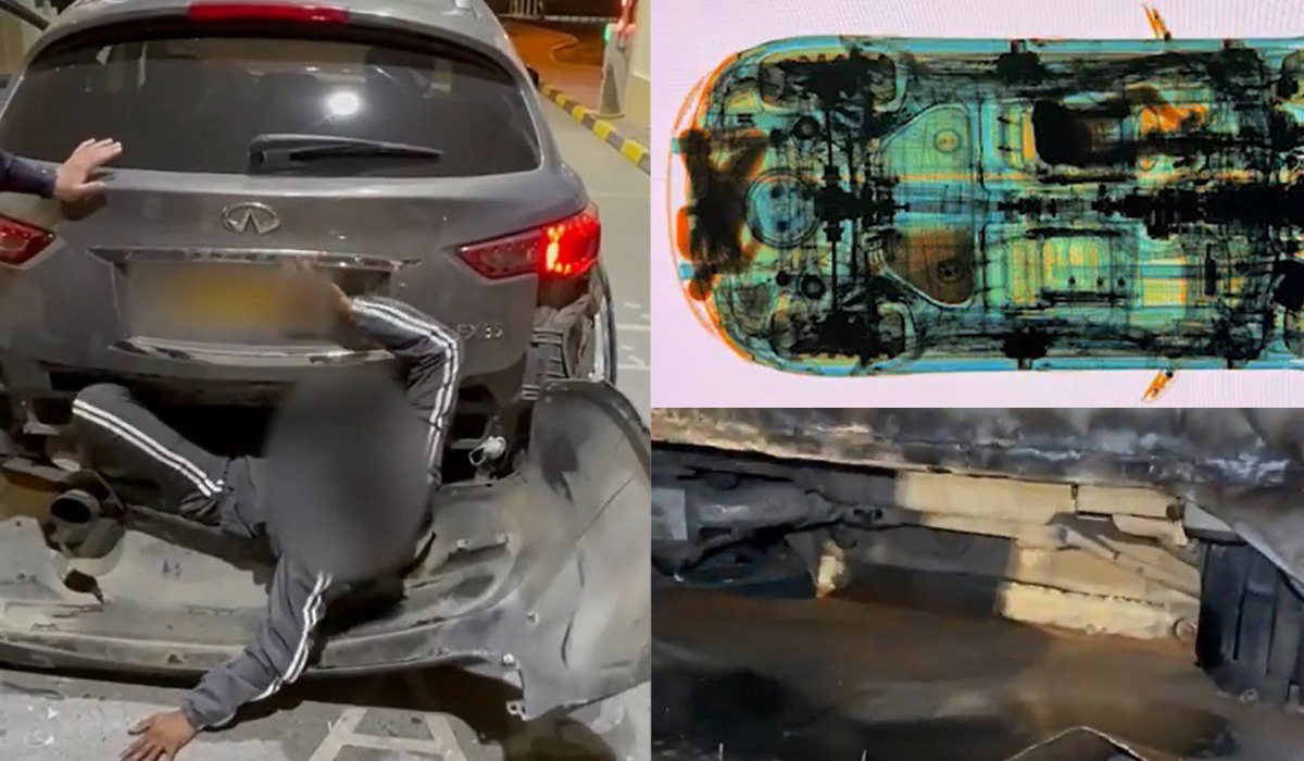 Two men hide in car bumpers